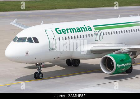 Zurich, Switzerland - April 28, 2018: Germania Airbus A319 airplane at Zurich airport (ZRH) in Switzerland. Airbus is an aircraft manufacturer from To Stock Photo