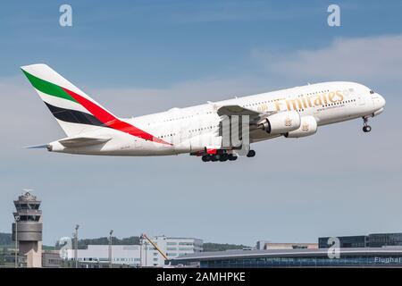 Zurich, Switzerland - April 28, 2018: Emirates Airbus A380 airplane at Zurich airport (ZRH) in Switzerland. Airbus is an aircraft manufacturer from To Stock Photo