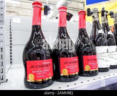 Samara, Russia - January 12, 2020: JP Chenet Medium Sweet wine ready for sale on the shelf in superstore. Various bottled alcoholic beverages and spir Stock Photo