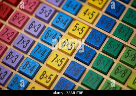 Multiplication table . Macro mode. Colored wooden cubes.Teaching children math and numeracy. Mental math. Stock Photo