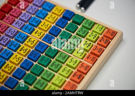 Multiplication table . Macro mode. Colored wooden cubes.Teaching children math and numeracy. Mental math. Stock Photo