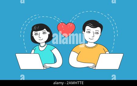 Man and woman chatting on dating site. Love vector illustration Stock Vector