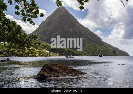 View of Gros Piton across Piton Bay, UNESCO World Heritage Site, St. Lucia, West Indies, Caribbean Stock Photo