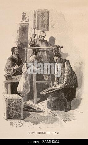 Chinese merchants weigh tea. Engraving of the 19th century. Stock Photo