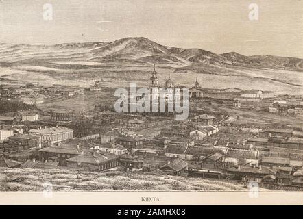 Kyakhta town at the end of the 19th century. Kyakhta is a town and the administrative center of Kyakhtinsky District in the Republic of Buryatia, Russia. Engraving of the 19th century. Stock Photo