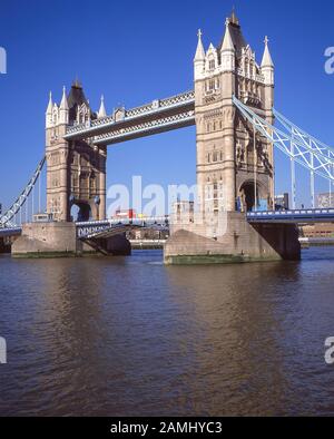 Tower Bridge from North Bank, London Borough of Tower Hamlets, Greater London, England, United Kingdom Stock Photo