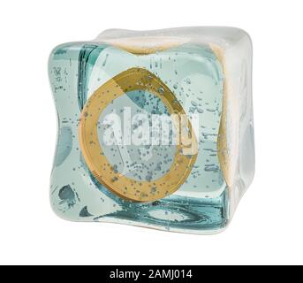 Euro coin frozen in ice cube, 3D rendering isolated on white background Stock Photo