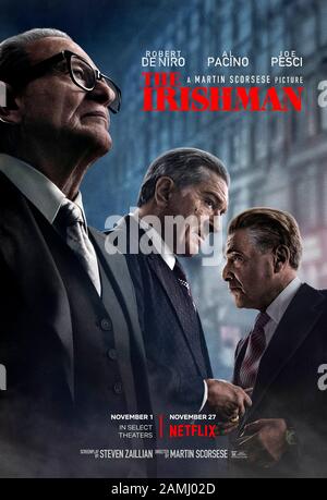 The Irishman (2019) directed by Martin Scorsese and starring Robert De Niro, Al Pacino, Joe Pesci and Harvey Keitel. Critically acclaimed crime drama about Frank Sheeran’s involvement in the death of Jimmy Hoffa based on the 2004 book I Heard You Paint Houses by Charles Brandt. Stock Photo