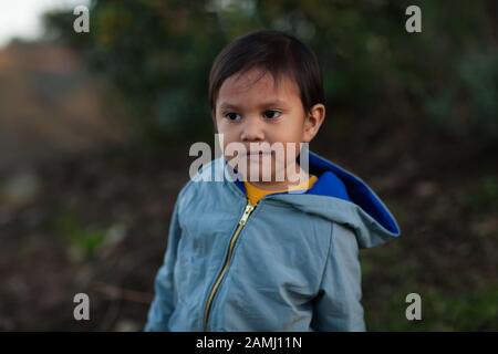 A little boy wearing a hoodie jacket and with an inquisitive facial expression while on a hiking trail. Stock Photo