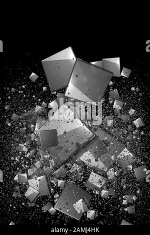 3D rendering of many cubes in space, the cubes scatter after the explosion and are randomly arranged in space Stock Photo