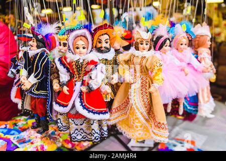 Traditional hand-made wooden puppets for sale, Prague, Czech Republic Stock Photo