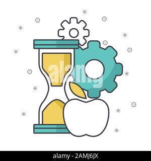 hourglass with gears wheels and apple, colorful design Stock Vector