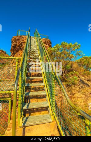 Stairway leading up to Pulpit Rock lookout famous landmark in Blue Mountains National Park, New South Wales, Australia. Vertical shot. Stock Photo