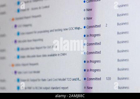 Pipeline of work in a backlog from an Agile Project, recorded in Microsoft's Team Foundation Server (TFS) used for Project Management Stock Photo