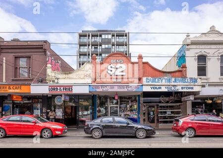 Heritage buildings of small shops/restaurant cafes along the main commercial street (Swan Street) in Richmond, Melbourne, VIC Australia. Stock Photo