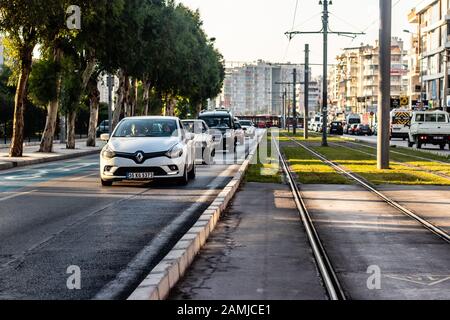 good looking wide cityscape shoot from turkey - there is cars and rails for tramway. photo has taken at izmir/turkey. Stock Photo