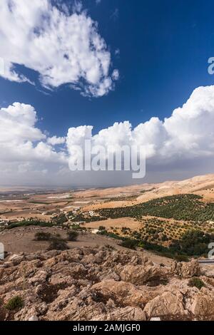 View of Jordan valley, Jordan Rift Valley, from highland near Ajloun, also ajlun, Jordan, middle east, Asia Stock Photo