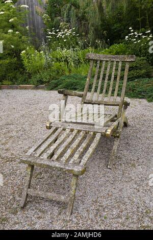 Old teak wood transat lounge chair covered with Bryophyta - Green Moss and lichen growth on gravel patio in private backyard garden in summer. Stock Photo