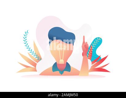 Large head in the form of a light bulb, the index finger shows up. Metaphor of the search for ideas. Concept leader, boss, CEO makes the right decisio Stock Vector