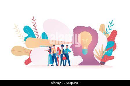 Big boss head light bulb. Light from eyes indicates path of development and new ideas. Metaphor of search for ideas. Concept leader CEO makes the righ Stock Vector