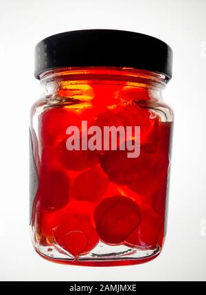 Jar of Greek Cherries preserved in Syrup Stock Photo