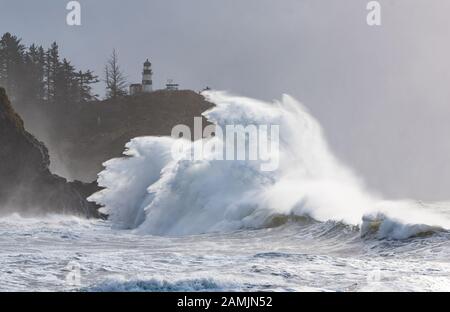 Huges waves during a king tide and big swells at Cape Disappoinment. Stock Photo