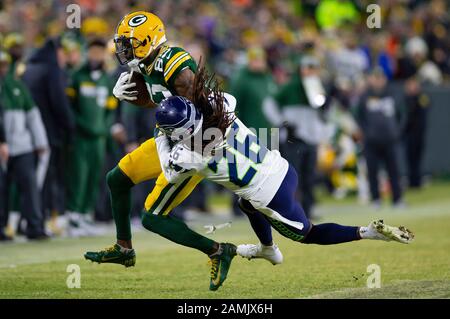 Green Bay, WI, USA. 12th Jan, 2020. Green Bay Packers wide receiver Marquez Valdes-Scantling #83 in action during the NFL Football game between the Seattle Seahawks and the Green Bay Packers at Lambeau Field in Green Bay, WI. Packers defeated the Seahawks 28-23. John Fisher/CSM/Alamy Live News Stock Photo