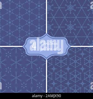 Geometric snowflake seamless pattern set. Monochrome winter blue print, wallpaper, background. Stock vector illustration in flat style. Stock Vector
