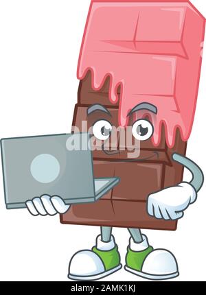 A clever chocolate bar mascot character working with laptop Stock ...