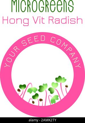 Microgreens Hong Vit Radish. Seed packaging design, round element in the center. Vitamin supplement, vegan food Stock Vector