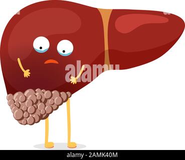 Sick unhealthy cartoon liver character suffers from cancer and suffering pain. Human exocrine gland organ tumor destruction concept. Vector mascot illustration Stock Vector