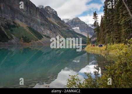 Hiking the Plain of six glaciers track from Lake Louise in Banff National Park, Canadian Rockies Stock Photo