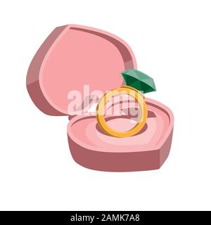 A gold ring with a precious stone lies in a heart-shaped box on a white isolated background. Cartoon. Vector image Stock Vector