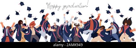 Vector flat set of Happy graduated man and woman in college and university education students in academic dresses. Celebration of Graduation day Stock Vector