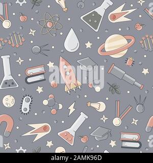 Science flat seamless pattern with scientific elements - molecule, atom structure, rocket, books, water and other on one simple educational and school Stock Vector