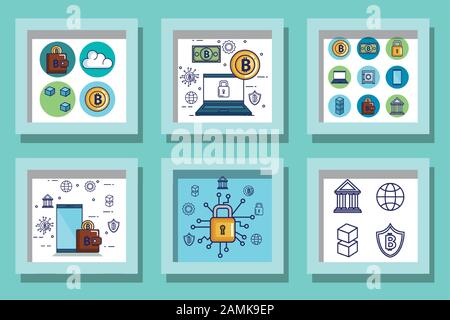 bundle designs of bitcoins and icons Stock Vector