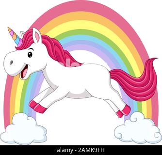 Cute magical unicorn walking on the clouds and rainbow Stock Vector