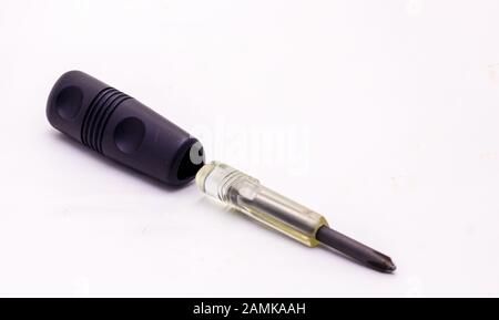 Phillips screwdriver with black plastic handle isolated on white background Stock Photo