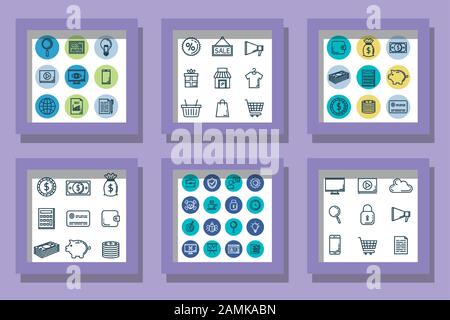 bundle icons of shopping with business and cyber security Stock Vector