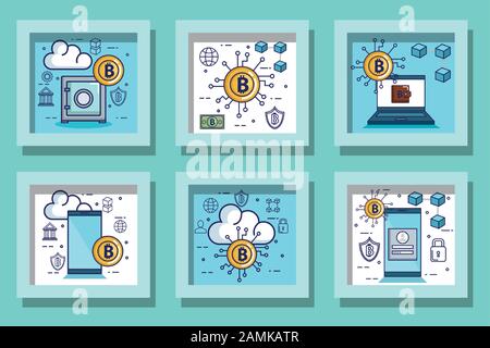 bundle designs of bitcoins and icons Stock Vector