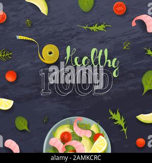 Vegetable and shrimp fresh salad bowl top view. Fitness ration diet measuring tape. Tomato, avocado, lettuce on chalk board background. Lettering Stock Vector