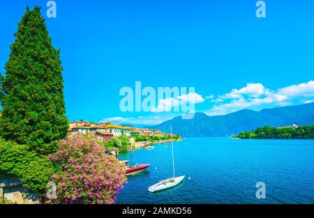 Como Lake, Isola Comacina village and island. Italy, Europe. Stock Photo