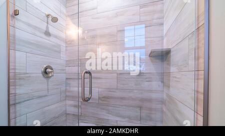 Panorama Large modern tiled shower cubicle bright interior Stock Photo