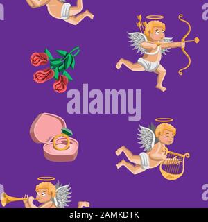 Seamless pattern with boys cupids ring heart flowers on purple background. Valentine s day. Cartoon. Vector image Stock Vector