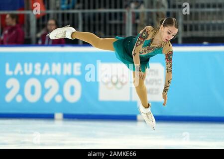 Lausanne, Switzerland. 13th Jan, 2020. Kseniia Sinitsyna of Russia performs during the women's singles skating free skating of figure skating event at the 3rd Winter Youth Olympic Games in Lausanne, Switzerland, Jan. 13, 2020. Credit: Wang Jianwei/Xinhua/Alamy Live News Stock Photo