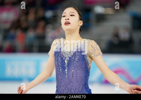 Lausanne, Switzerland. 13th Jan, 2020. You Young of South Korea performs during the women's singles skating free skating of figure skating event at the 3rd Winter Youth Olympic Games in Lausanne, Switzerland, Jan. 13, 2020. Credit: Wang Jianwei/Xinhua/Alamy Live News Stock Photo