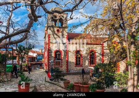 The picturesque Greek village at Mount Olympus. It took its name from the church of Saint Panteleimon which  stands in the central square of the villa Stock Photo