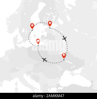 Low Cost Tourist Route, travel plan infographic elements on european map. Stock Vector