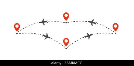 plane flight to different places infographic element with airplane icons and dashed lines for route map, simple design on white background, isolated Stock Vector