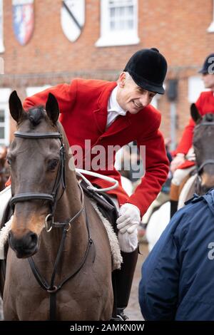 The Boxing day meet of Atherstone Hunt taking place in the Market Square, Market Bosworth. Stock Photo